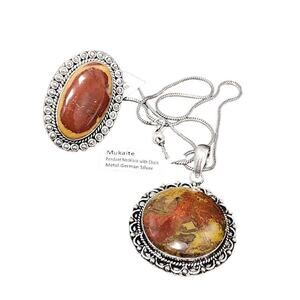 Mukaite pendent necklace with chain and ring set German silver sz 7 16" chain